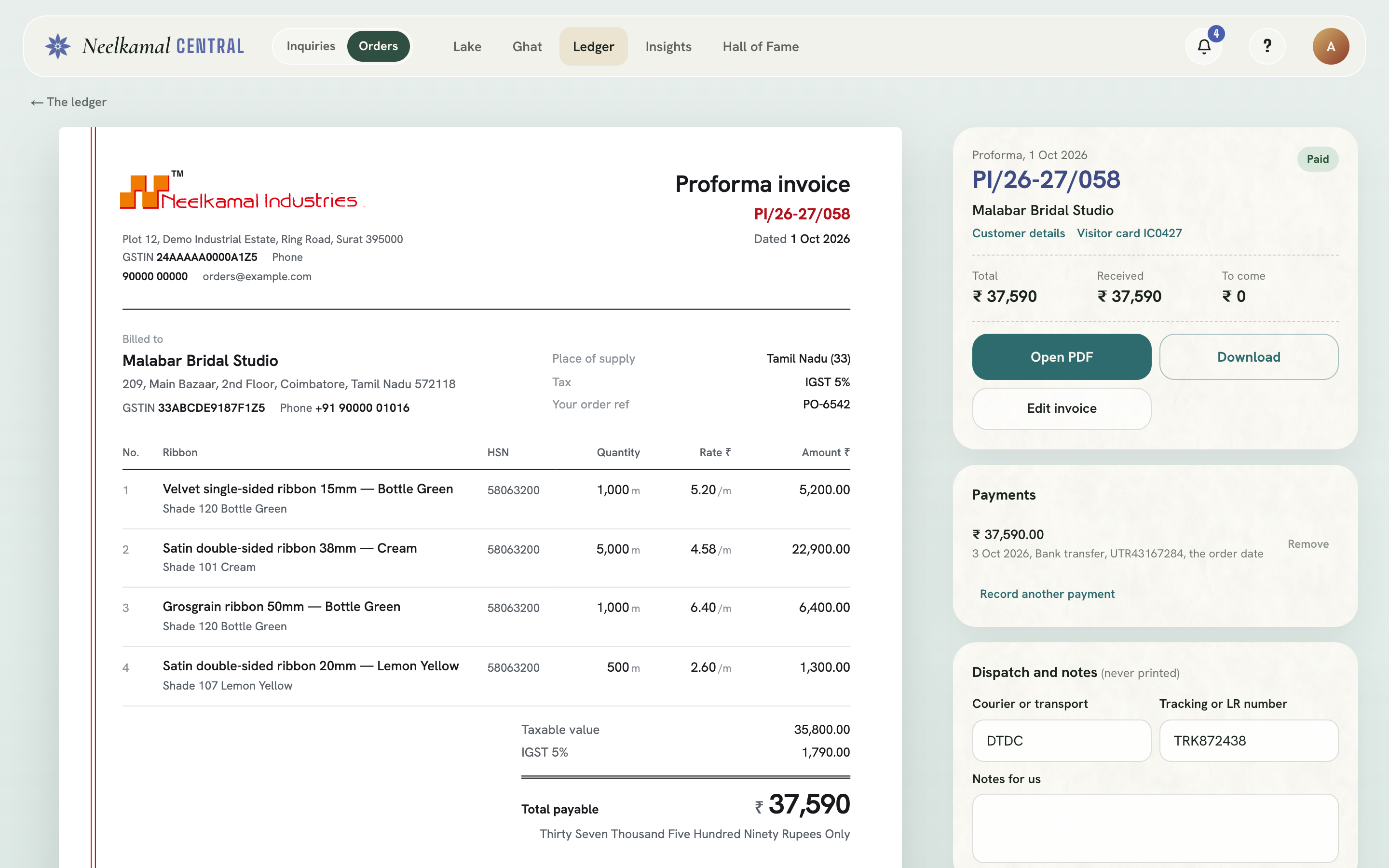 Neelkamal Central proforma invoice