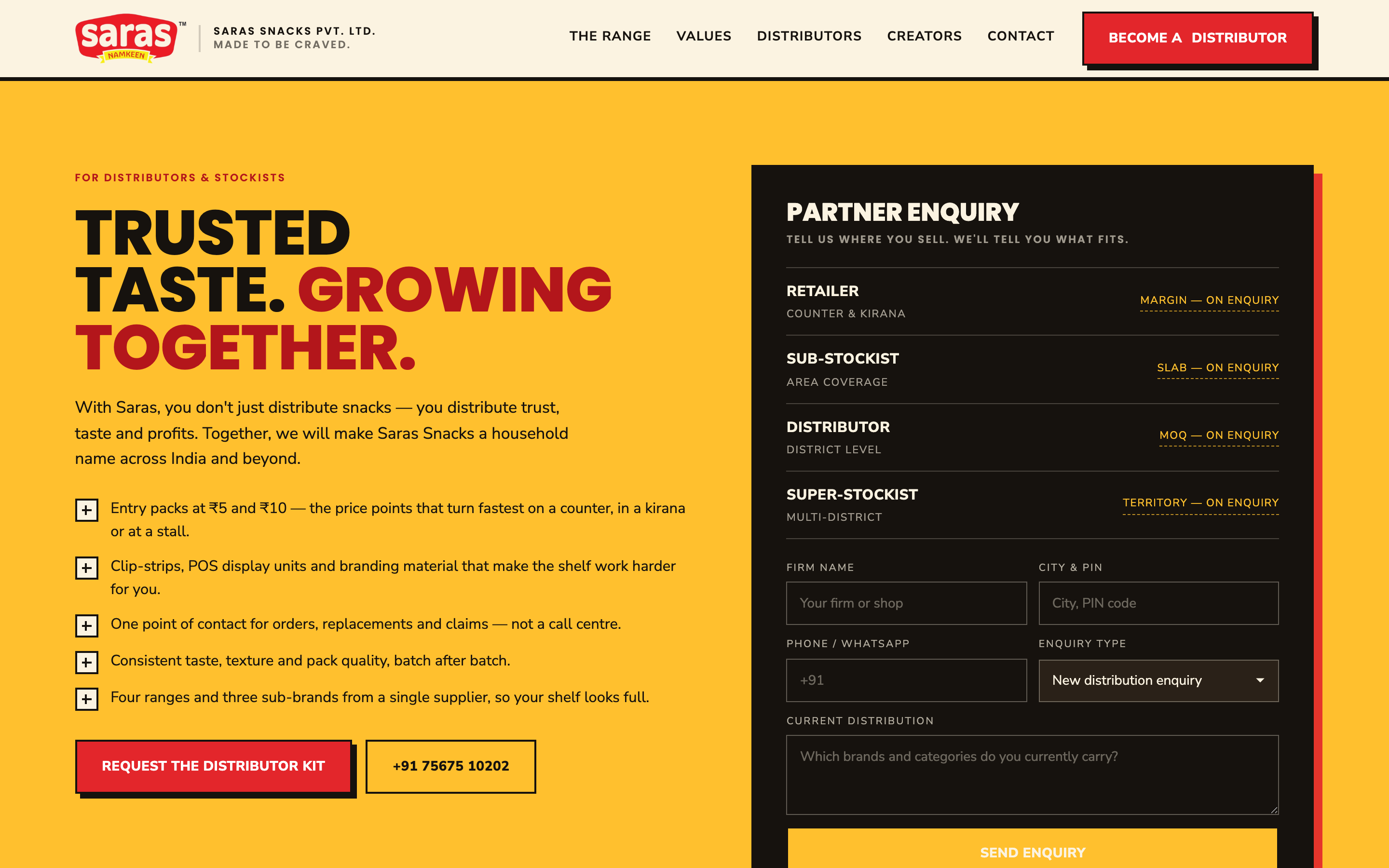 Saras Snacks distributor enquiry section