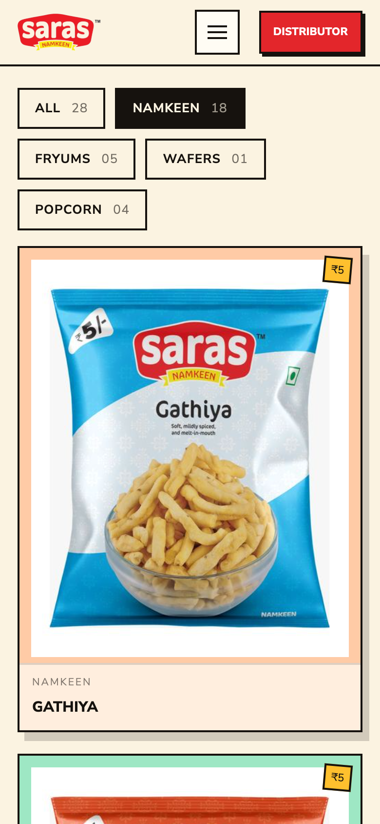 Saras Snacks range filtered to Namkeen on a phone